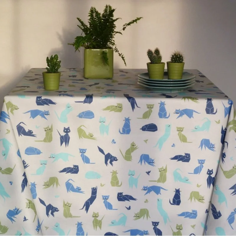 Tischdecke abwaschbar Rund oder Oval Katzen blau - Fleur de Soleil