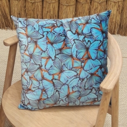 Coussin velours papillons turquoise