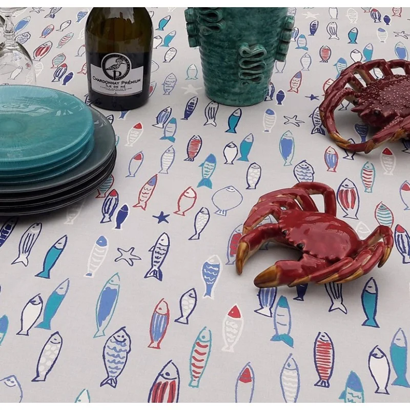 Tovaglia Pesce blu Antimacchia Rotonda o ovale - Fleur de Soleil