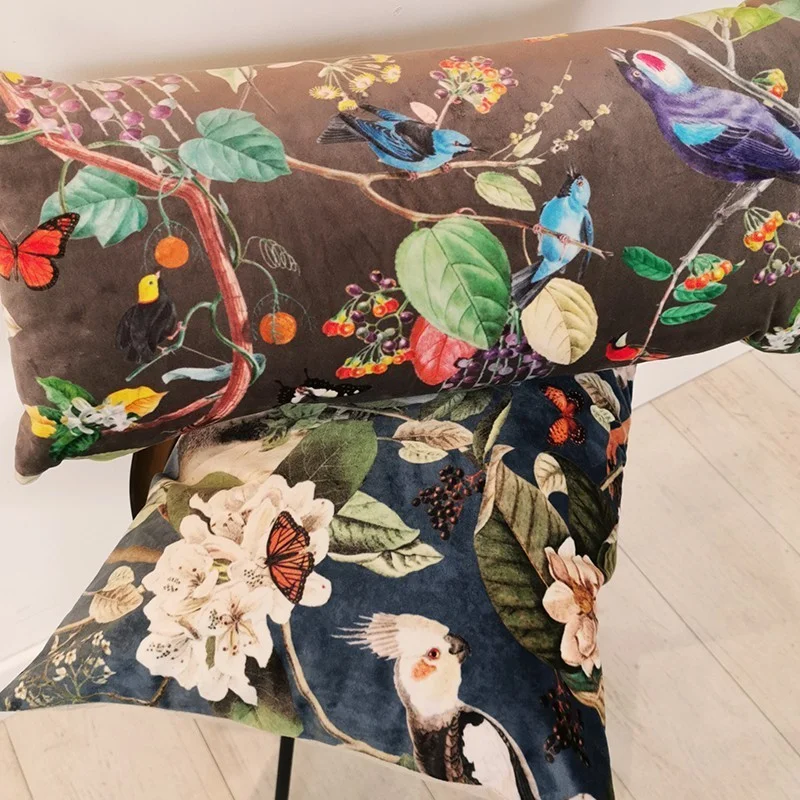 Coussin velours oiseaux nature