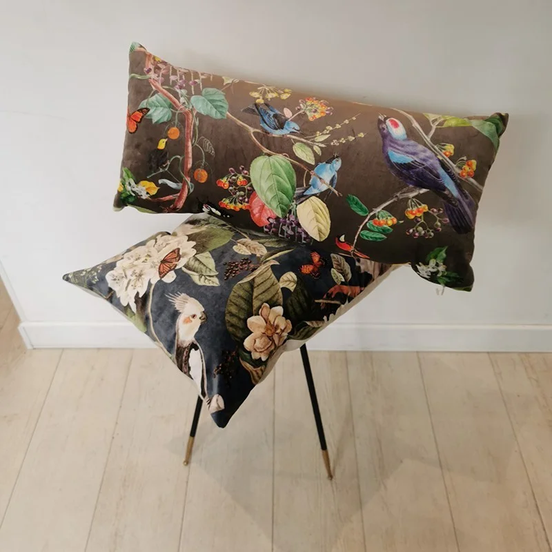 Coussin velours oiseaux nature