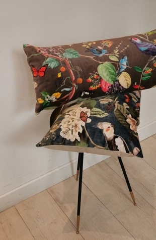 Coussin velours oiseaux nature