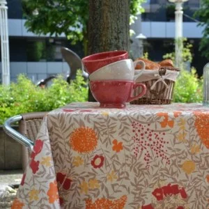 Nappe enduite ronde ou ovale Mimosa Rouge fond lin