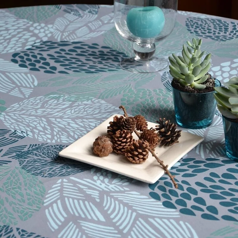  WIPE CLEAN TABLECLOTH LEAVES GREY/TURQUOISE Fleur de Soleil