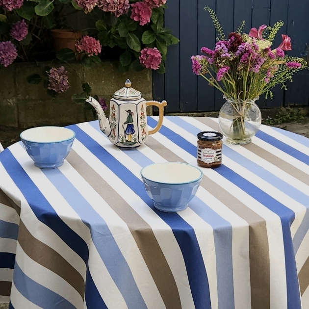Wipe clean tablecloth Stripes blue/taupe round or oval