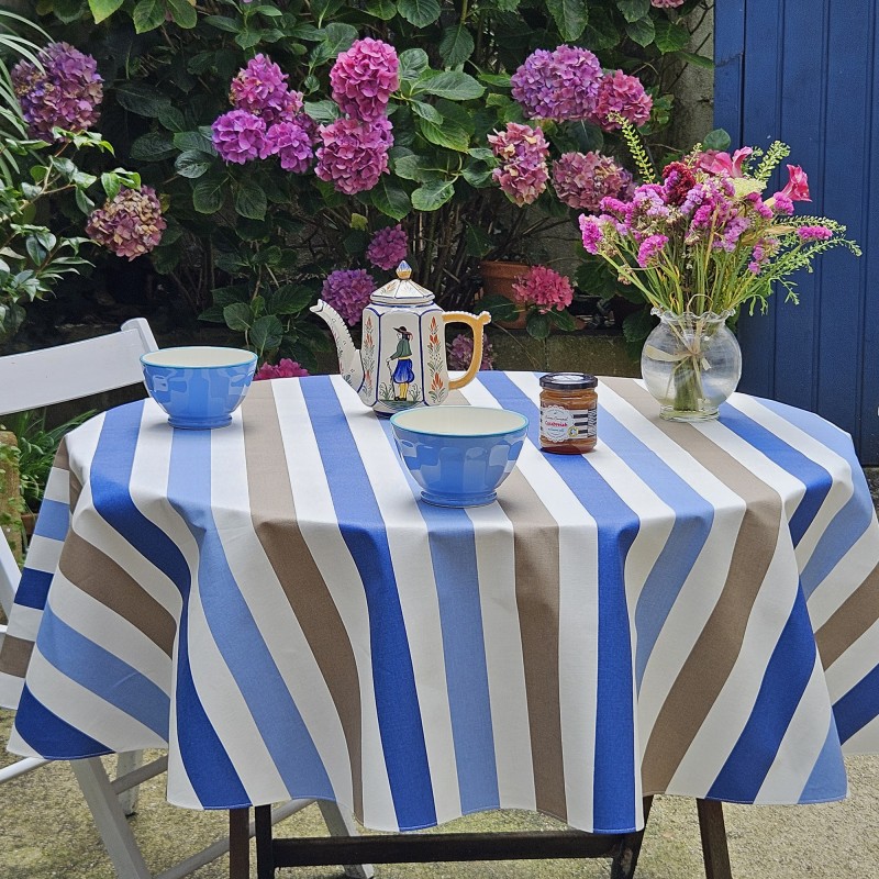 Tovaglia rotonda a righe Blu e Tortora in cotone rivestito