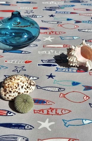 Tissu en coton enduit Poissons bleu rouge