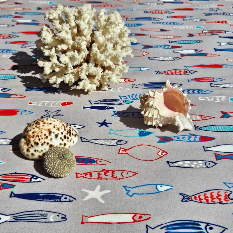 Nappe banc de sardines ronde en coton enduit Fleur de Soleil