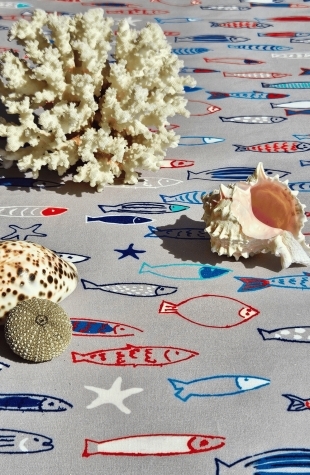 Nappe banc de sardines ronde en coton enduit Fleur de Soleil