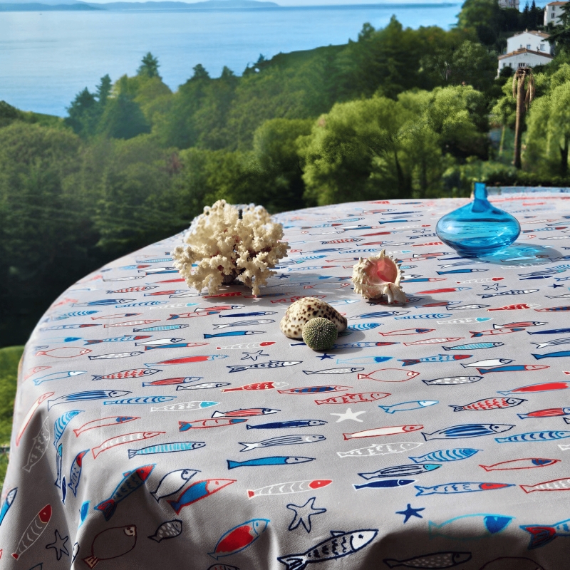 Nappe banc de sardines ronde en coton enduit Fleur de Soleil