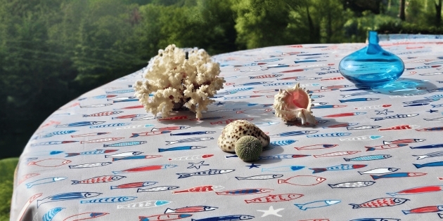 Nappe banc de sardines ronde en coton enduit Fleur de Soleil