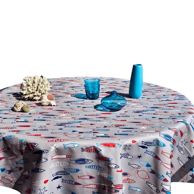 Nappe banc de sardines ronde en coton enduit Fleur de Soleil