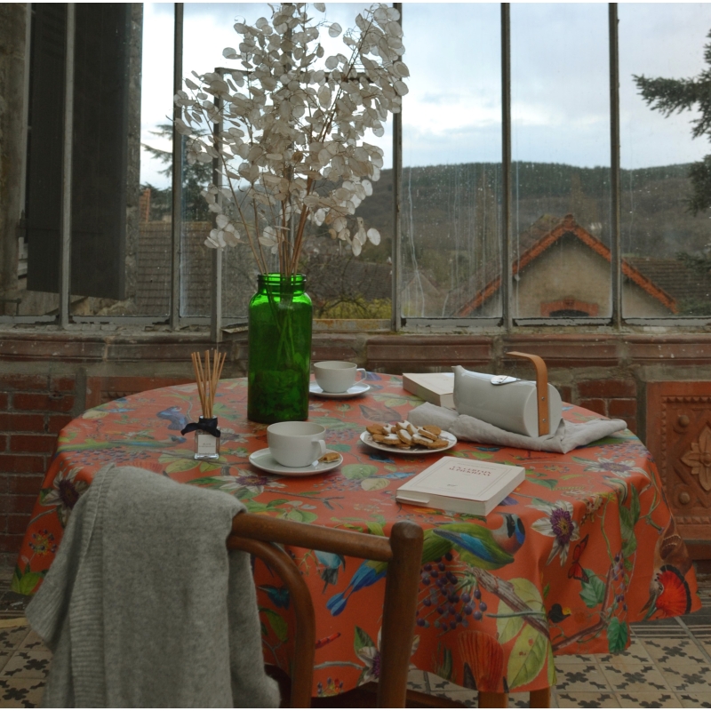 nappe en coton enduit ronde oiseaux orange