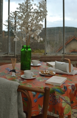 nappe en coton enduit ronde oiseaux orange