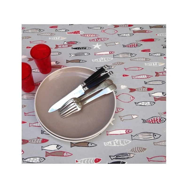 WIPE CLEAN TABLECLOTH FISH GREY Fleur de Soleil