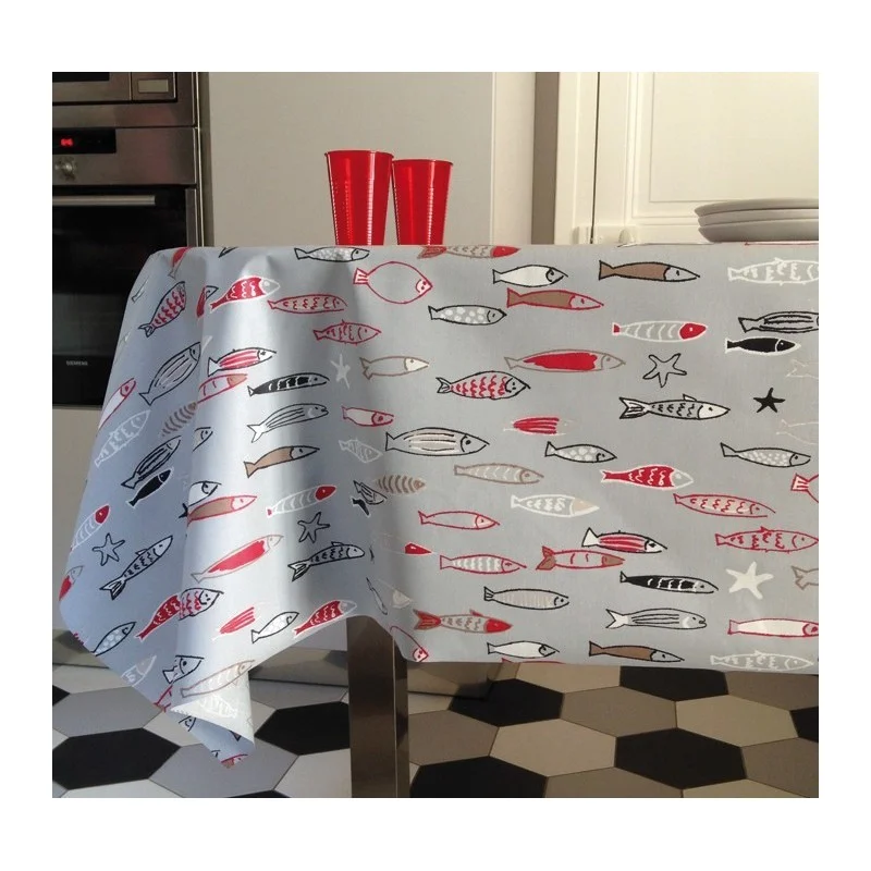 WIPE CLEAN TABLECLOTH FISH GREY Fleur de Soleil