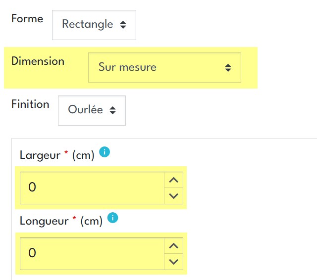 Choix des dimensions sur mesure sur une nappe Fleur de Soleil